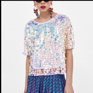 Zara Multicolor Sequin Short Sleeve Top